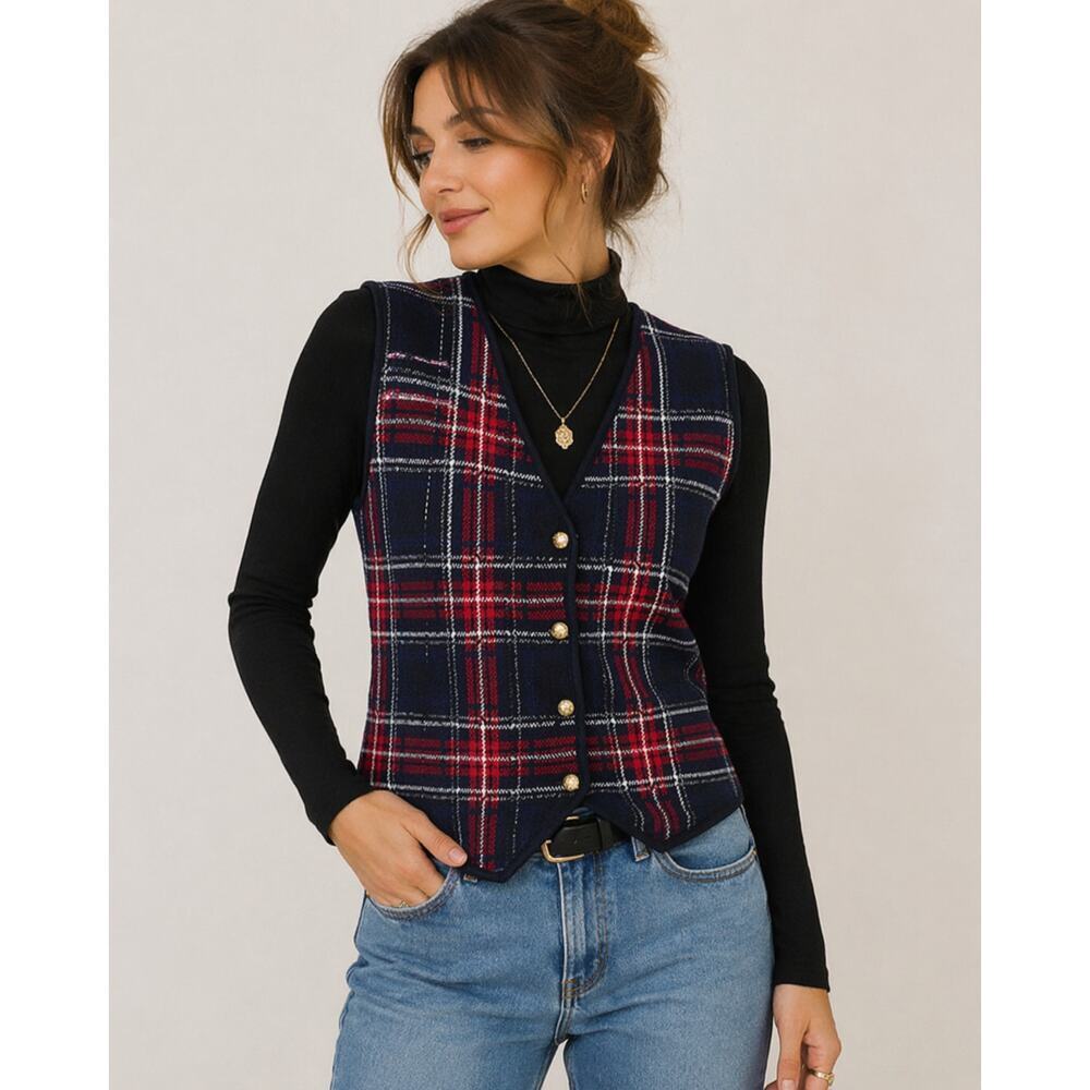 Vintage Rafaella Petites Plaid Wool Blend Sweater Vest M